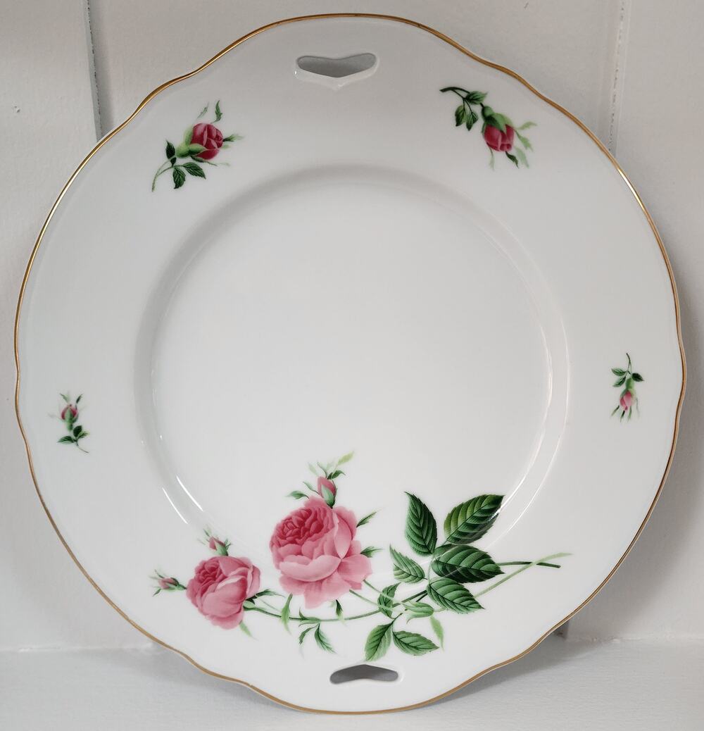Vintage Rose Porcelain Plate Gold Rim Scalloped Edge Handles 10.3" Floral Decor